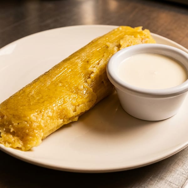 Golden tamale and creamy white sauce on a white plate over a metal surface.