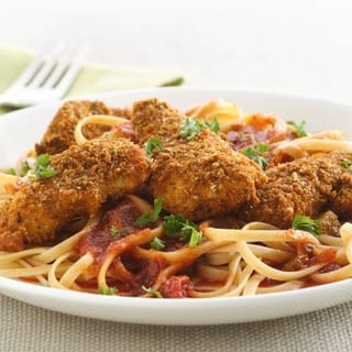 Chicken Parmesan over Linguini