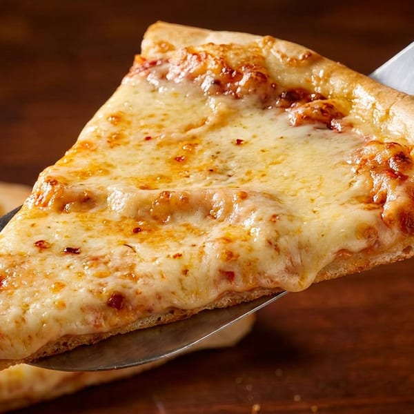 A hot slice of cheese pizza with melted cheese being lifted by a metal spatula.