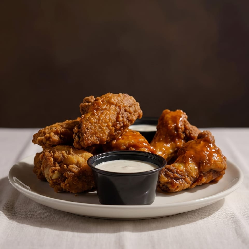 A white plate holds crispy fried chicken wings and two cups of creamy dipping sauce.