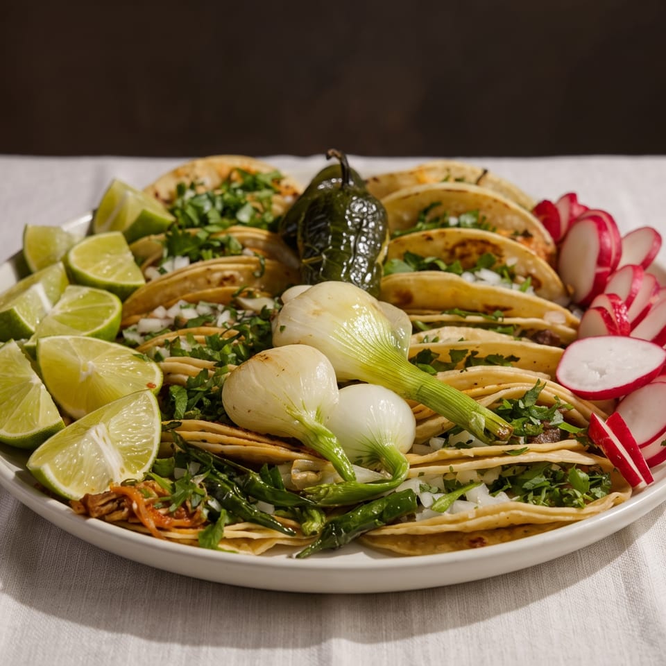 Multiple street tacos garnished with limes, radishes, grilled onions, and a charred pepper.