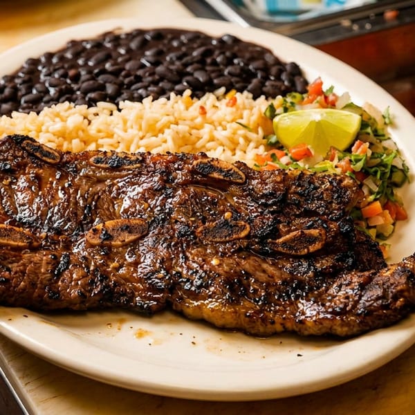 Grilled short ribs with rice, black beans, and fresh salsa with a lime wedge.