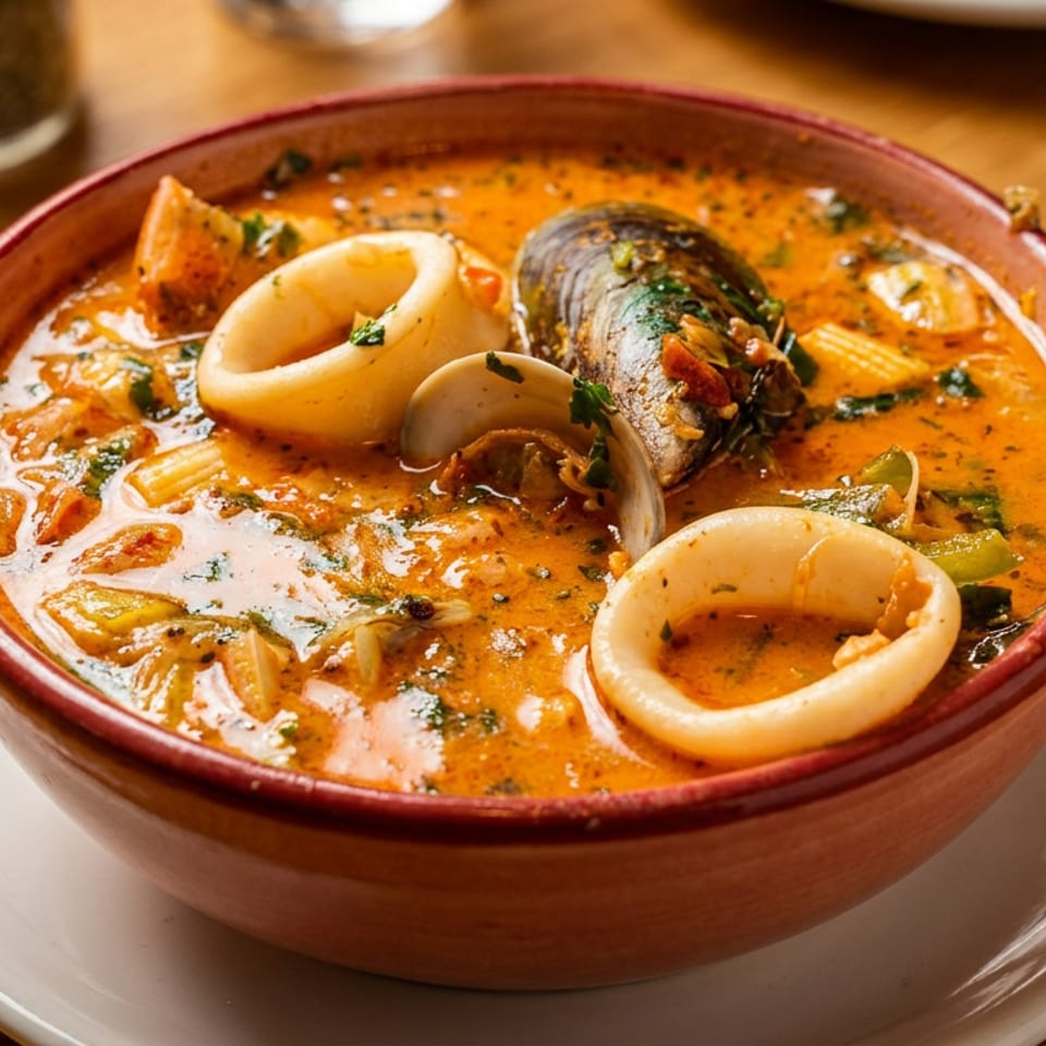 A bowl of vibrant seafood stew with calamari, mussels, clams, and pasta on a wooden table.