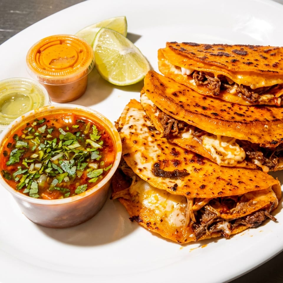 Three birria tacos with melted cheese, consommé, two sauces, and lime wedges on a white plate.