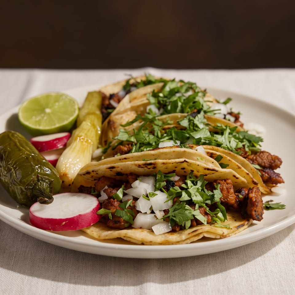 Three tacos topped with meat, cilantro, and onions, served with lime, radishes, and grilled vegetables.