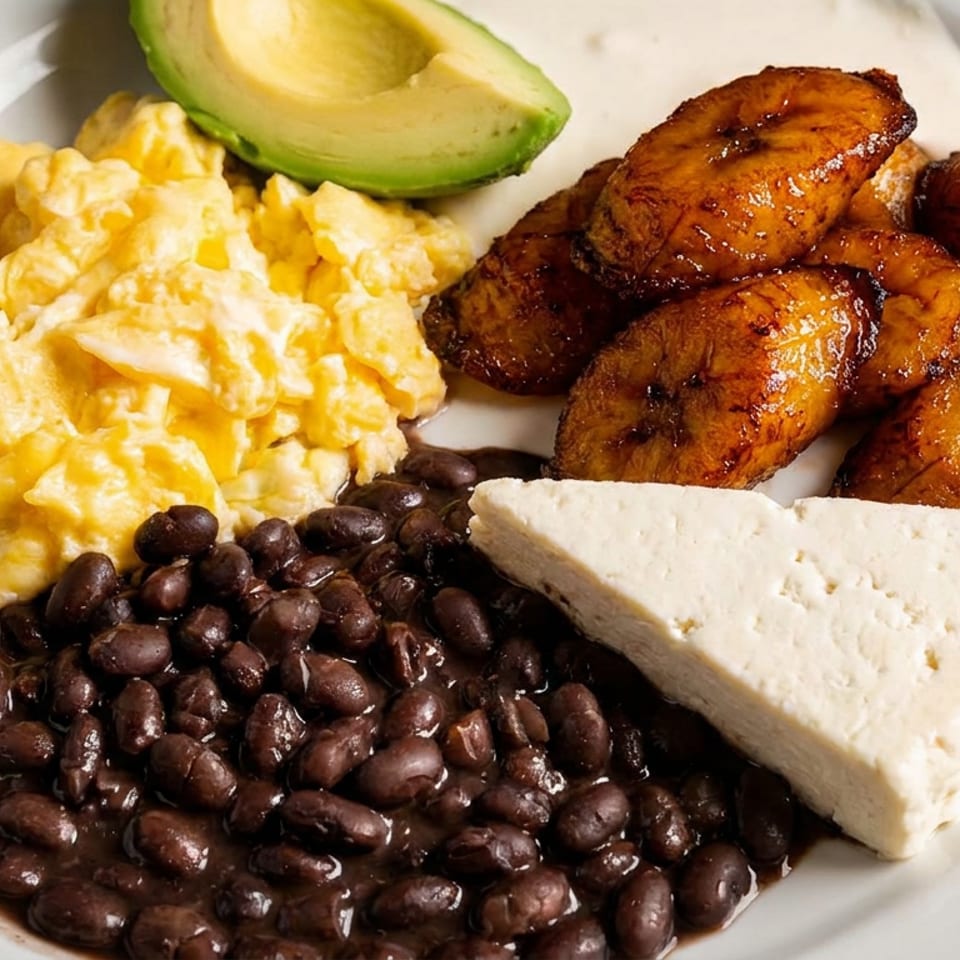 Plate with scrambled eggs, black beans, fried plantains, white cheese, and avocado.